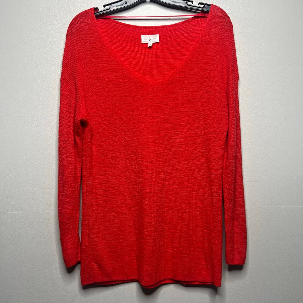 Lou & Grey Ribbed Knit V-Neck Orange/Red Sweater Pullover Women's S Coastal Boho